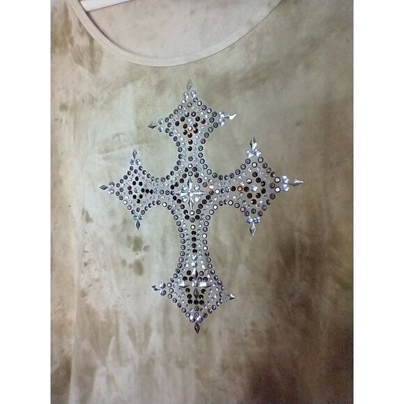 Y2K Lady Noiz Brown Tie-Dye Studded Cross Top 3/4 Sleeve Scoop Neck - Picture 4 of 6